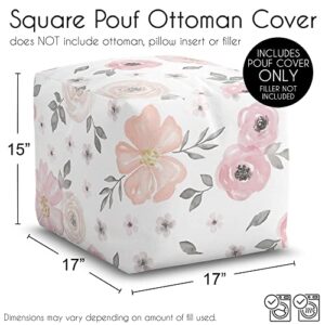 Sweet Jojo Designs Blush Pink Grey Boho Floral Girl Ottoman Pouf Cover Unstuffed Poof Floor Footstool Square Cube Pouffe Storage Baby Nursery Kids Room Bohemian Farmhouse Shabby Chic Watercolor White