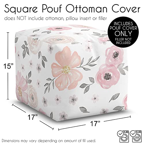 Sweet Jojo Designs Blush Pink Grey Boho Floral Girl Ottoman Pouf Cover Unstuffed Poof Floor Footstool Square Cube Pouffe Storage Baby Nursery Kids Room Bohemian Farmhouse Shabby Chic Watercolor White