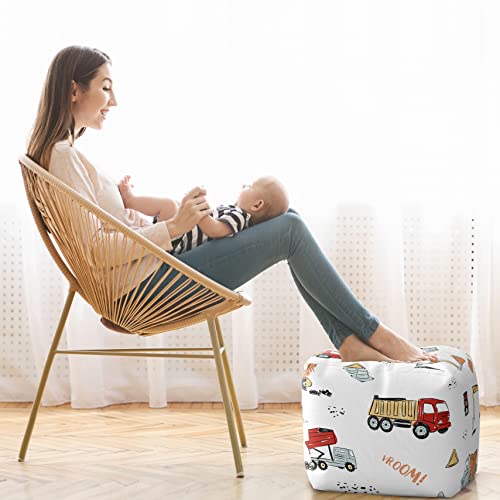 Sweet Jojo Designs Red Blue Construction Truck Boy Ottoman Pouf Cover Unstuffed Poof Floor Footstool Square Cube Pouffe Storage Baby Nursery Kids Room Transportation Tractor Grey Yellow Black White