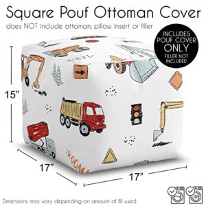 Sweet Jojo Designs Red Blue Construction Truck Boy Ottoman Pouf Cover Unstuffed Poof Floor Footstool Square Cube Pouffe Storage Baby Nursery Kids Room Transportation Tractor Grey Yellow Black White