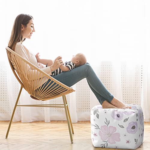 Sweet Jojo Designs Lavender Purple Boho Floral Girl Ottoman Pouf Cover Unstuffed Poof Floor Footstool Square Cube Pouffe Storage Baby Nursery Kids Room Grey Bohemian Farmhouse Shabby Chic Watercolor