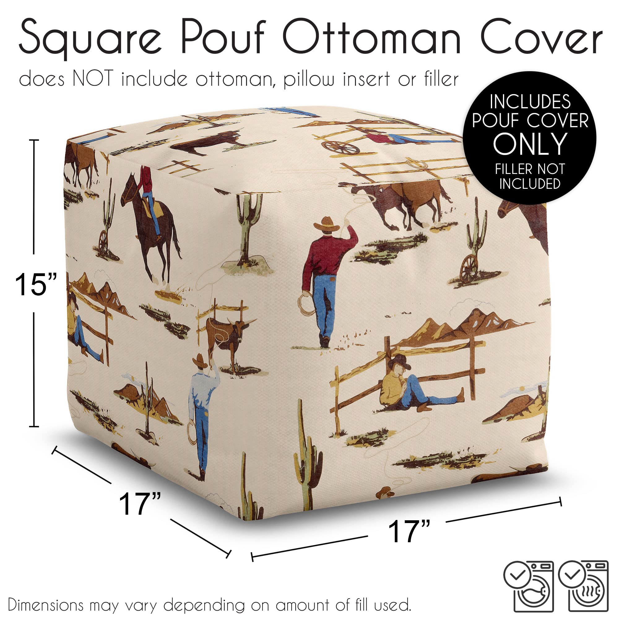 Sweet Jojo Designs Tan Brown Western Cowboy Boy Ottoman Pouf Cover Unstuffed Poof Floor Footstool Square Cube Pouffe Storage Baby Nursery Kids Room Wild West Southern Charm Horse Cow Animal Red White
