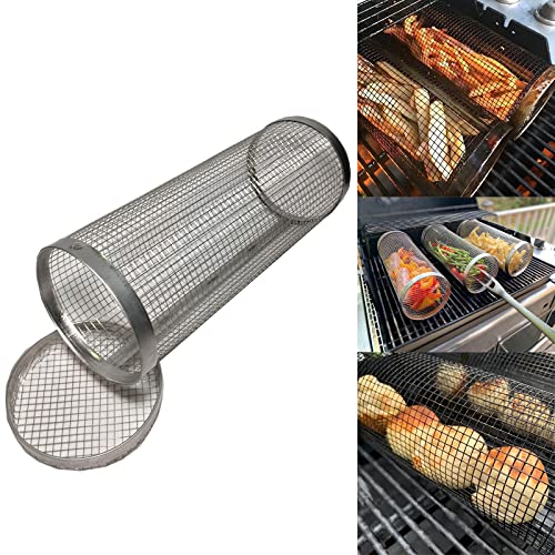 Vingtank BBQ Net Tube,Grill Net for Outdoor Grill,Round Campfire Grill Grid,Stainless Steel Barbecue Cooking Grill Grate,Grill Tool with Removable Mesh Cover (1Pcs)