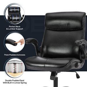 COLAMY Office Chair High Back Executive Computer Desk Chair, Ergonomic Home Office Chair with Padded Flip-up Arms, Adjustable Height and Tilt, Swivel Task Chair with Thick Leather, 1 PC