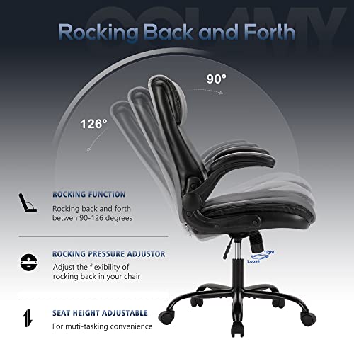 COLAMY Office Chair High Back Executive Computer Desk Chair, Ergonomic Home Office Chair with Padded Flip-up Arms, Adjustable Height and Tilt, Swivel Task Chair with Thick Leather, 1 PC