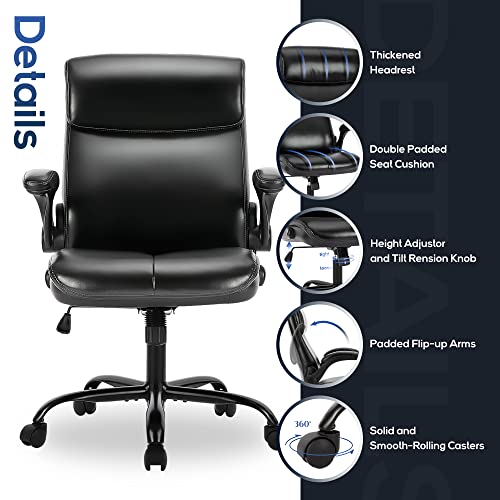 COLAMY Office Chair High Back Executive Computer Desk Chair, Ergonomic Home Office Chair with Padded Flip-up Arms, Adjustable Height and Tilt, Swivel Task Chair with Thick Leather, 1 PC