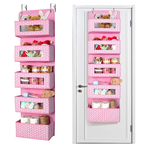 Mayniu 2 Pack Over the Door Hanging Organizer Storage with 5 Large Pockets, Wall Mount Pantry Organizer with Clear Windows for Nursery, Closet, Toys, Diapers, and Sundries (Pink)