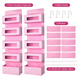 Mayniu 2 Pack Over the Door Hanging Organizer Storage with 5 Large Pockets, Wall Mount Pantry Organizer with Clear Windows for Nursery, Closet, Toys, Diapers, and Sundries (Pink)