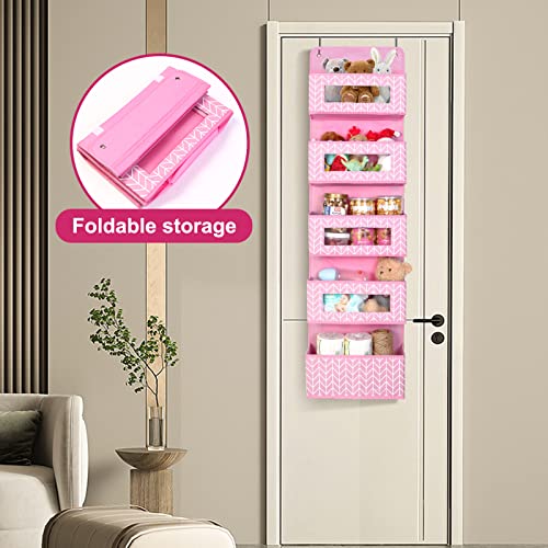 Mayniu 2 Pack Over the Door Hanging Organizer Storage with 5 Large Pockets, Wall Mount Pantry Organizer with Clear Windows for Nursery, Closet, Toys, Diapers, and Sundries (Pink)