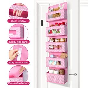 Mayniu 2 Pack Over the Door Hanging Organizer Storage with 5 Large Pockets, Wall Mount Pantry Organizer with Clear Windows for Nursery, Closet, Toys, Diapers, and Sundries (Pink)