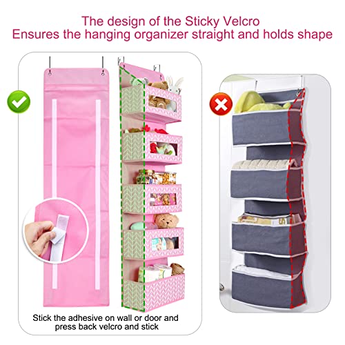 Mayniu 2 Pack Over the Door Hanging Organizer Storage with 5 Large Pockets, Wall Mount Pantry Organizer with Clear Windows for Nursery, Closet, Toys, Diapers, and Sundries (Pink)