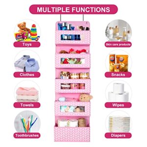 Mayniu 2 Pack Over the Door Hanging Organizer Storage with 5 Large Pockets, Wall Mount Pantry Organizer with Clear Windows for Nursery, Closet, Toys, Diapers, and Sundries (Pink)