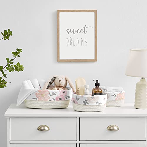 Sweet Jojo Designs Blush Pink Grey Boho Floral Girl Woven Storage Basket Set 3pc Cotton Rope Diaper Caddy Bins Baby Nursery Kids Closet Drawer Organizer Liner Bohemian Farmhouse Shabby Chic Watercolor