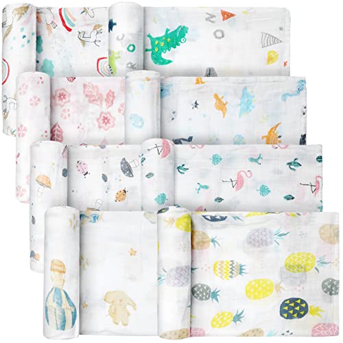 Tranqun 8 Pack Muslin Quilt Baby Blanket Stretchy Swaddle Blankets Soft Breathable Lightweight Nursing Newborn Quilt for Infant Newborn Toddler Baby 2 Layers 47" x 43" (Classic Style)