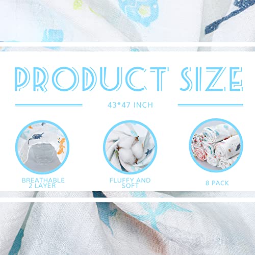 Tranqun 8 Pack Muslin Quilt Baby Blanket Stretchy Swaddle Blankets Soft Breathable Lightweight Nursing Newborn Quilt for Infant Newborn Toddler Baby 2 Layers 47" x 43" (Classic Style)