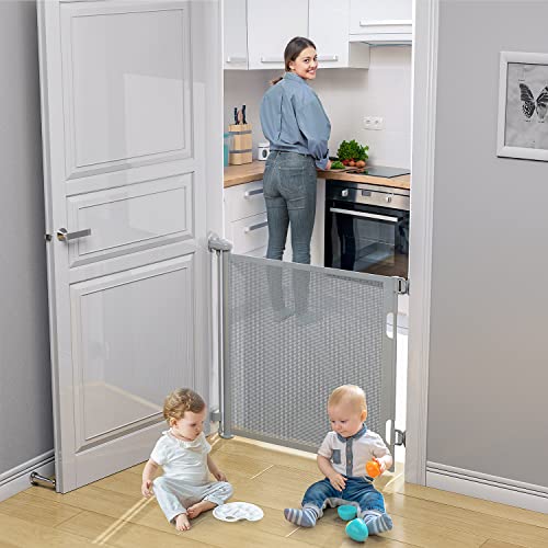 Punch-Free Retractable Baby Gates, BabyBond 33 * 71 inches Extra Wide Baby Gate for Stairs Suitable for Kids or Pets Indoor and Outdoor Dog Gates for Doorways, Stairs, Hallways, Grey