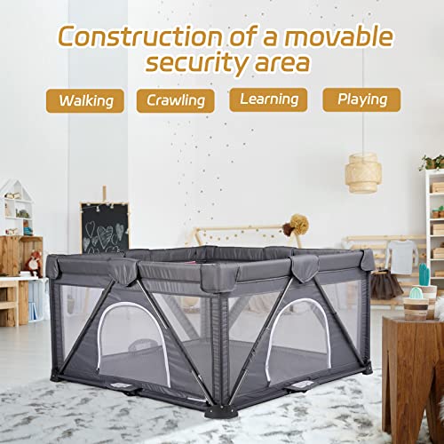 GENTEACO Baby Playpen 50"×50" Foldable Playpen for Babies and Toddlers Indoor & Outdoor Extra Large Play Pen Portable Baby Fence Play Yard Safety Kids Playpin (Darkgrey)