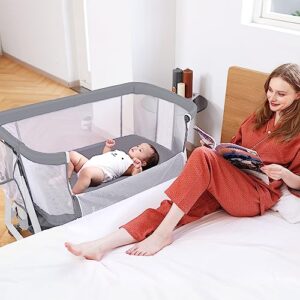 zebrater baby bassinet bedside sleeper with storage basket and wheels,all mesh bedside bassinet for baby,7 adjustable height portable bedside crib co sleeper for newborn/infant(3 in 1,grey)