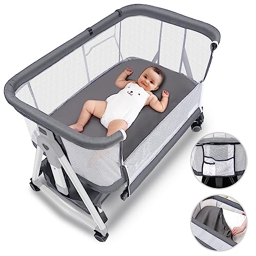 zebrater Baby Bassinet Bedside Sleeper with Storage Basket and Wheels,All Mesh Bedside Bassinet for Baby,7 Adjustable Height Portable Bedside Crib Co Sleeper for Newborn/Infant(3 in 1,Grey)