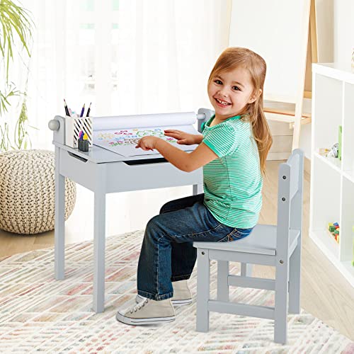 HONEY JOY Kids Table and Chair Set, Wooden Lift-Top Desk & Chair with Storage, Paper Roll Holder & Pen Slot, Activity Table Set for Craft Art, Children Furniture Set for Daycare, Playroom (Gray)