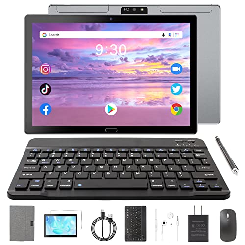 Semeakoko 10.1 inch Tablet with Keyboard, Android 12 Tablet 4+64GB, 2MP+8MP Dual Camera, Parent Control, HD Screen, WiFi, Bluetooth, 6000mAh Battery, Tablet PC with Keyboard/Mouse/Case