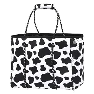 yomietar neoprene tote bag travel beach bag large pool bag gym bag handbag for women men (cow print)