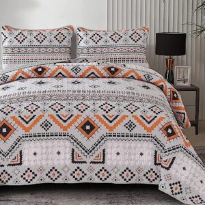 luxudecor boho quilt set queen, aztec geometric bedding bedspreads, reversible microfiber light grey quilt coverlet sets for all seasons 96"x90"
