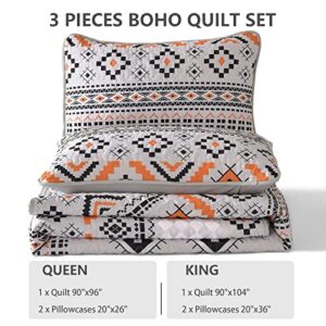 Luxudecor Boho Quilt Set Queen, Aztec Geometric Bedding Bedspreads, Reversible Microfiber Light Grey Quilt Coverlet Sets for All Seasons 96"x90"