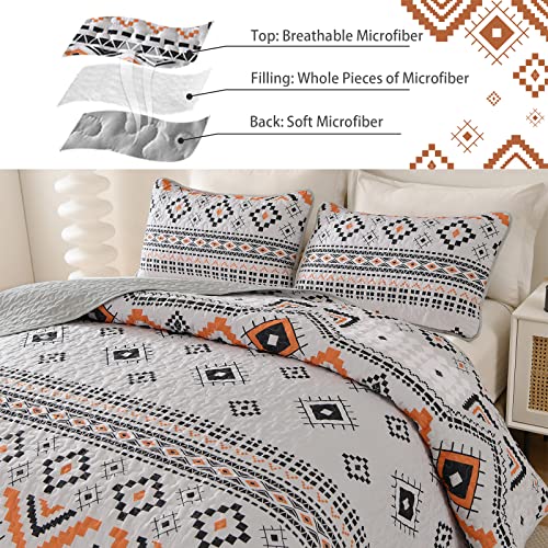 Luxudecor Boho Quilt Set Queen, Aztec Geometric Bedding Bedspreads, Reversible Microfiber Light Grey Quilt Coverlet Sets for All Seasons 96"x90"