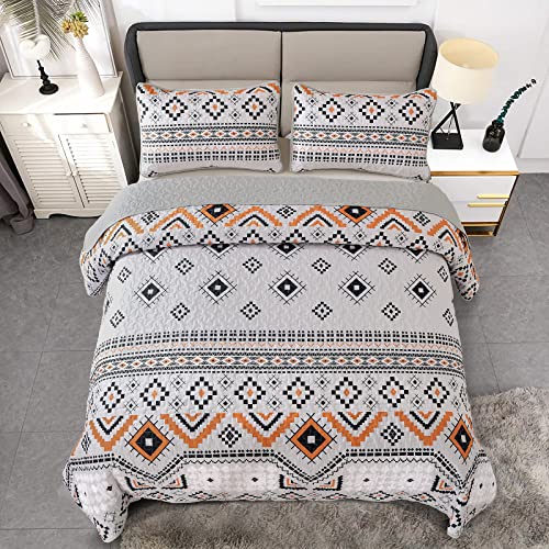 Luxudecor Boho Quilt Set Queen, Aztec Geometric Bedding Bedspreads, Reversible Microfiber Light Grey Quilt Coverlet Sets for All Seasons 96"x90"