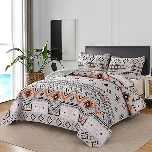 Luxudecor Boho Quilt Set Queen, Aztec Geometric Bedding Bedspreads, Reversible Microfiber Light Grey Quilt Coverlet Sets for All Seasons 96"x90"