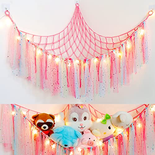 Dremisland Stuffed Animals Storage with Fairy Lights Toy Hammock Hanging Stuffed Animal Storage Organizer Holder with Lace Tassels for Nursery Play Room, Kids Bedroom (Pink)