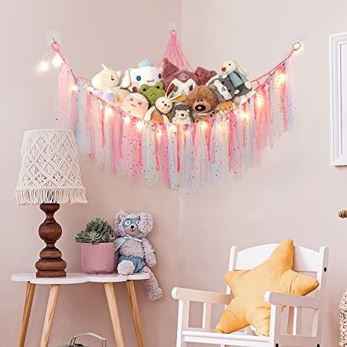 Dremisland Stuffed Animals Storage with Fairy Lights Toy Hammock Hanging Stuffed Animal Storage Organizer Holder with Lace Tassels for Nursery Play Room, Kids Bedroom (Pink)