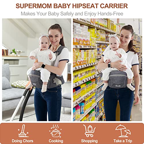 Baby Hip Seat Carrier, Baby Carrier for Newborn to Toddler with Sturdy Strap&Safty Belt, Ergonomic Infant Carrier with Waist Stool for 8-45lb, 0-36 Months, 5 Storage Pockets-Gray