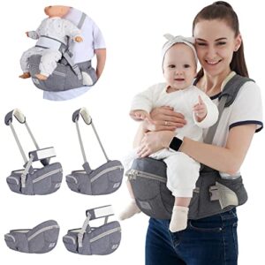 baby hip seat carrier, baby carrier for newborn to toddler with sturdy strap&safty belt, ergonomic infant carrier with waist stool for 8-45lb, 0-36 months, 5 storage pockets-gray