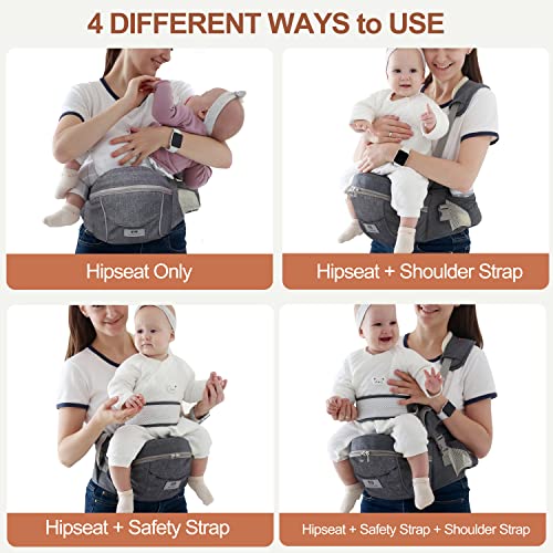 Baby Hip Seat Carrier, Baby Carrier for Newborn to Toddler with Sturdy Strap&Safty Belt, Ergonomic Infant Carrier with Waist Stool for 8-45lb, 0-36 Months, 5 Storage Pockets-Gray