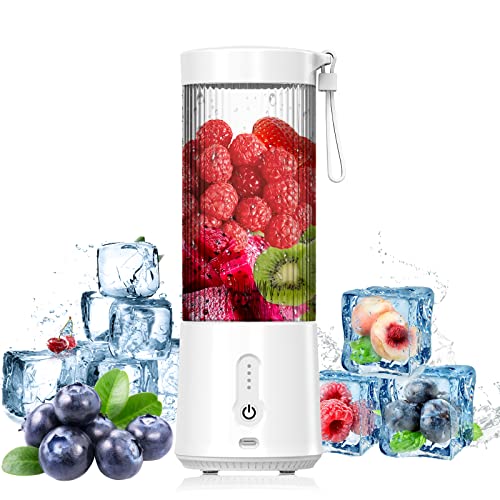 Portable Blender,TECMOSAIC Personal Blender for Shakes and Smoothies with 15 Oz Travel Cup and Lid,Mini Blender USB Rechargeable-White