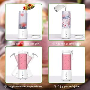 Portable Blender,TECMOSAIC Personal Blender for Shakes and Smoothies with 15 Oz Travel Cup and Lid,Mini Blender USB Rechargeable-White