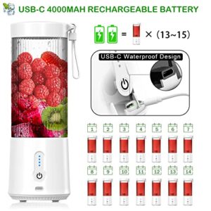 Portable Blender,TECMOSAIC Personal Blender for Shakes and Smoothies with 15 Oz Travel Cup and Lid,Mini Blender USB Rechargeable-White