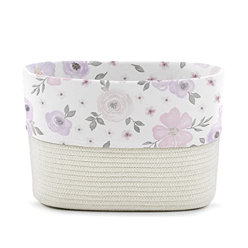 Sweet Jojo Designs Lavender Purple Boho Floral Girl Woven Storage Basket Decorative Cotton Rope Lined Bin Baby Nursery Kids Bedroom Toys Closet Organizer Grey Bohemian Farmhouse Shabby Chic Watercolor