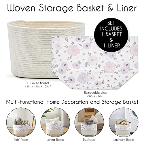 Sweet Jojo Designs Lavender Purple Boho Floral Girl Woven Storage Basket Decorative Cotton Rope Lined Bin Baby Nursery Kids Bedroom Toys Closet Organizer Grey Bohemian Farmhouse Shabby Chic Watercolor