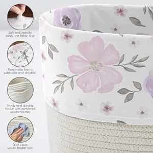 Sweet Jojo Designs Lavender Purple Boho Floral Girl Woven Storage Basket Decorative Cotton Rope Lined Bin Baby Nursery Kids Bedroom Toys Closet Organizer Grey Bohemian Farmhouse Shabby Chic Watercolor