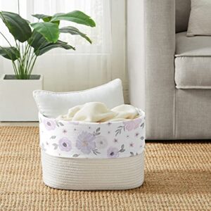 Sweet Jojo Designs Lavender Purple Boho Floral Girl Woven Storage Basket Decorative Cotton Rope Lined Bin Baby Nursery Kids Bedroom Toys Closet Organizer Grey Bohemian Farmhouse Shabby Chic Watercolor