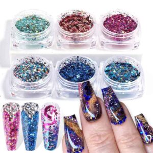 6 boxes holographic nail art glitter powder shinny laser nail sequins sparkly bright metallic glitter flakes laser pink blue nail powder with designs for women diy manicure tips