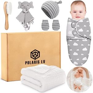 polaris lv - new born gift for baby shower, baby registry: security blanket, newborn essential sleeping bag and muslim blanket,newborn hat and gloves, hair brush, neutral gender (boys and girls)