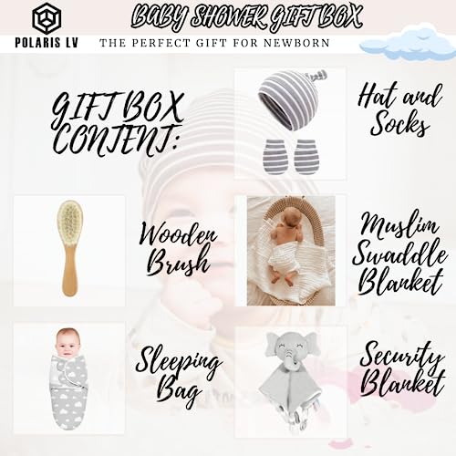 POLARIS LV - New Born Gift for Baby Shower, Baby Registry: Security Blanket, Newborn Essential Sleeping Bag and Muslim Blanket,Newborn Hat and Gloves, Hair Brush, Neutral Gender (Boys and Girls)