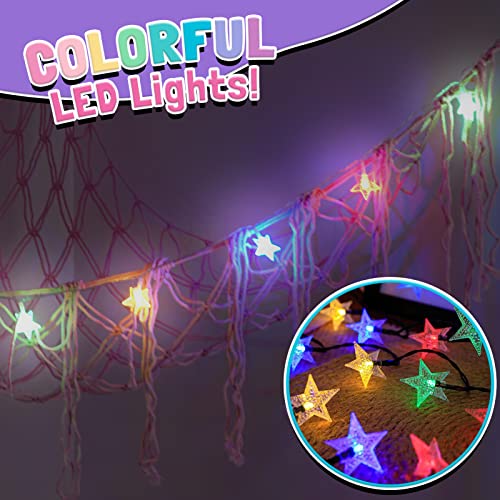 Stuffed Animal Hammock Storage with lights, 2 Pack Hanging Plush Net Hammock for Dolls, Teeniewins Wall Corner Net Holder with Dual Mode Star Light, Jumbo Toys Hammock for Nursery, Bedroom Decor