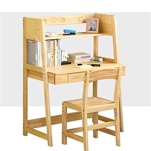 BBSJ Solid Wood Table and Chairs Set Student Study Table Home Lifting Wooden Safety Writing Desk Combination with Bookshelf