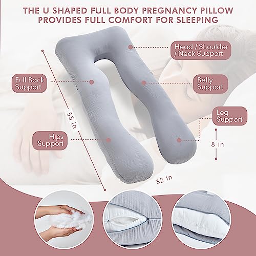 JOHNPEY Muslin Pregnancy Pillows for Sleeping, 100% Muslin Cotton Pregnancy Pillow for Pregnant Women to Sleep, Soft Full Body Maternity Pillows (Gray,55in)