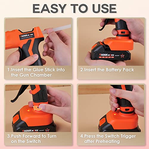 THINKWORK Hot Glue Gun, 20V Cordless Glue Gun with 30 PCS Full Size Sticks, Drip-Free Fast Heating Glue Gun Kit for DIY&Crafts, Repair and Construction, Rechargeable Battery and Charger Included